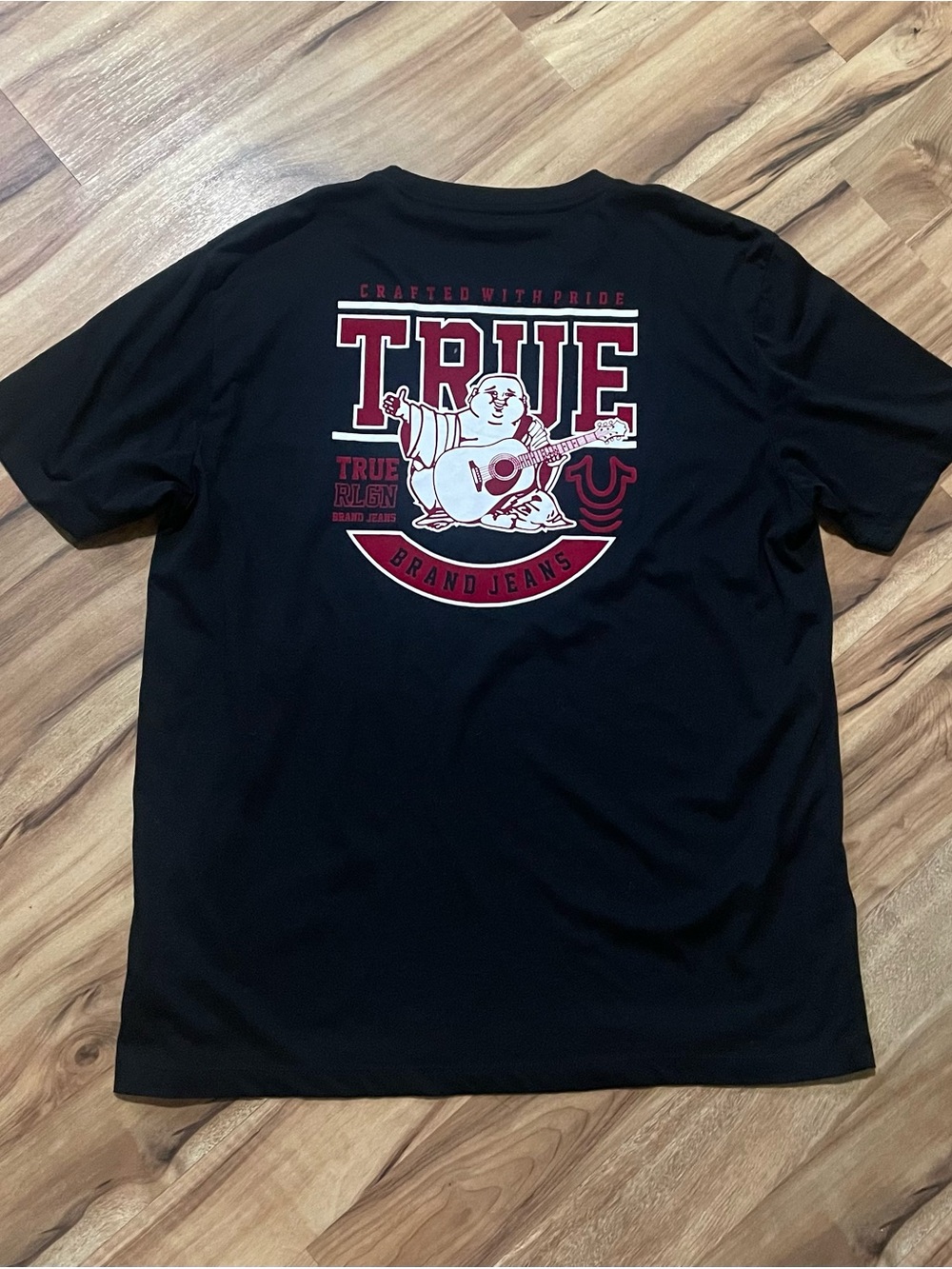 True Religion Black T-Shirt Red Block Letter Buddha Guitar Graphic Tee